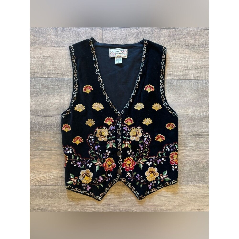 Vintage New Directions women size large black multicolor floral embroidered vest